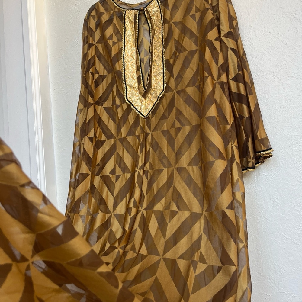 Rare Vintage Jantzen Midcentury Geometric Gold Swim Cover Tunic Dress Gota Trim